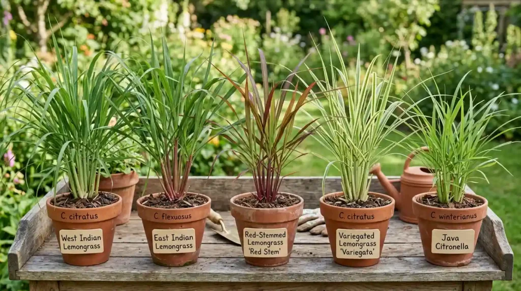 Different types of lemon grass plant varieties displayed in pots, including green, reddish, and variegated foliage