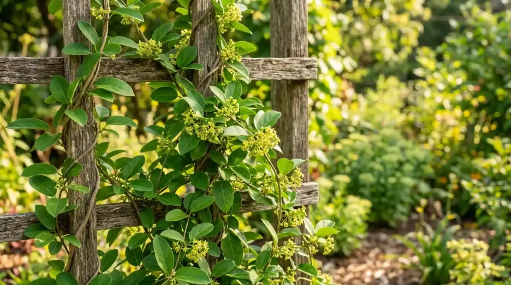 Meshashringi plant climbing a wooden trellis in full sun