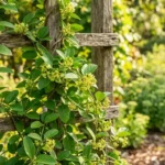 Meshashringi plant climbing a wooden trellis in full sun