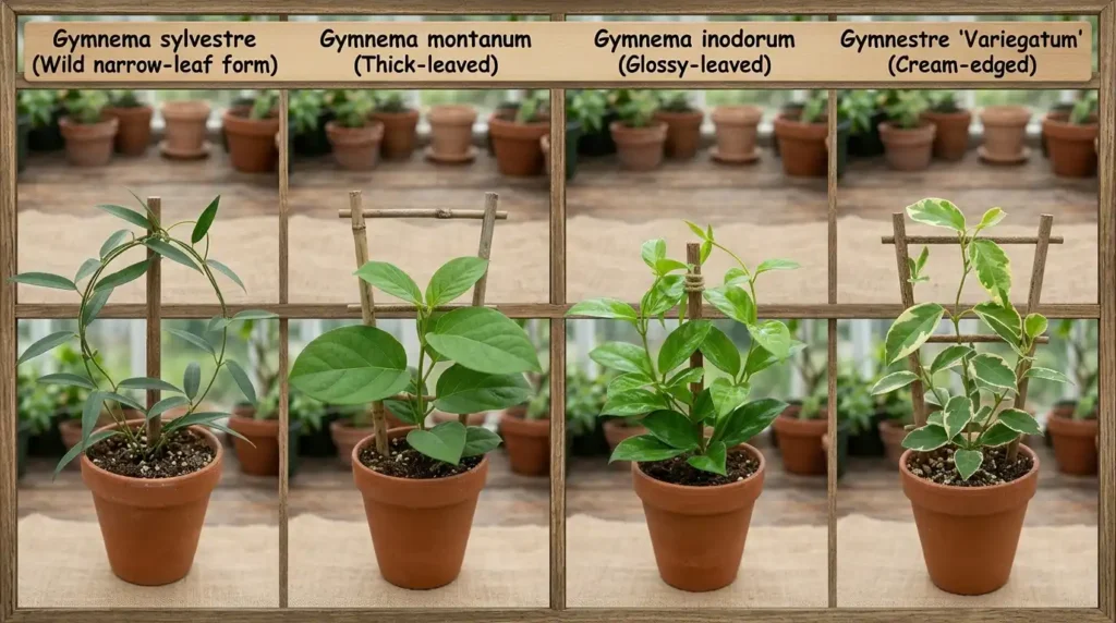 Different types of meshashringi plant varieties and leaf forms